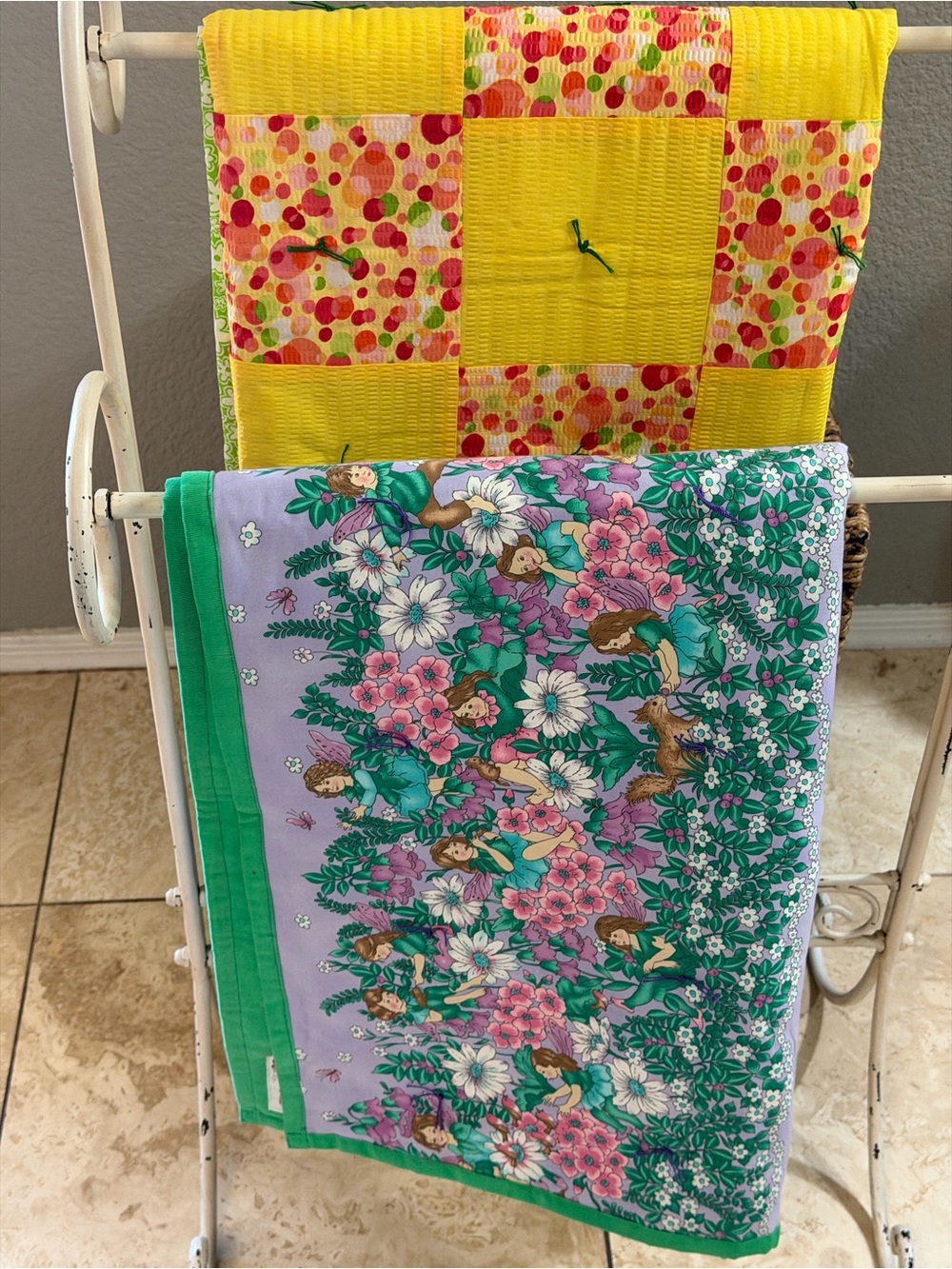 2 Handmade Kids Quilts Purple Whimsical Fairies Bright Yellow Red Circles 59x39”